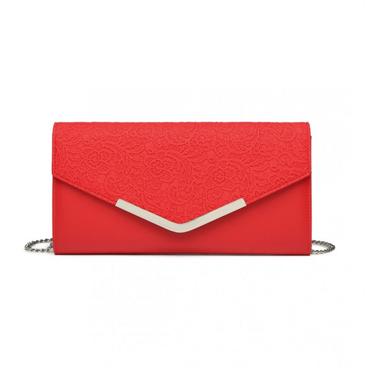 LP2312 - MISS LULU LACE ENVELOPE FLAP CLUTCH EVENING BAG - RED - The Baggage Shop