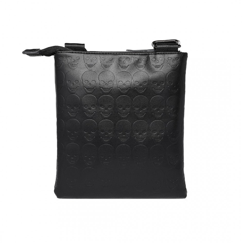 LH2419 - MISS LULU STYLISH GOTHIC SKULL EMBOSSED PU LEATHER CROSSBODY MESSENGER BAG WITH METAL ACCENTS - BLACK - The Baggage Shop