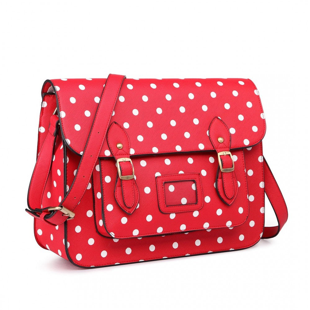 LT1665D2 - MISS LULU POLKA DOT LEATHER LOOK SCHOOL WORK SATCHEL RED - The Baggage Shop