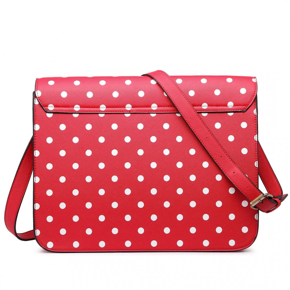 LT1665D2 - MISS LULU POLKA DOT LEATHER LOOK SCHOOL WORK SATCHEL RED - The Baggage Shop