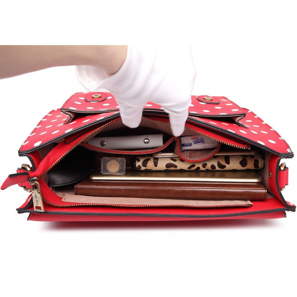 LT1665D2 - MISS LULU POLKA DOT LEATHER LOOK SCHOOL WORK SATCHEL RED - The Baggage Shop