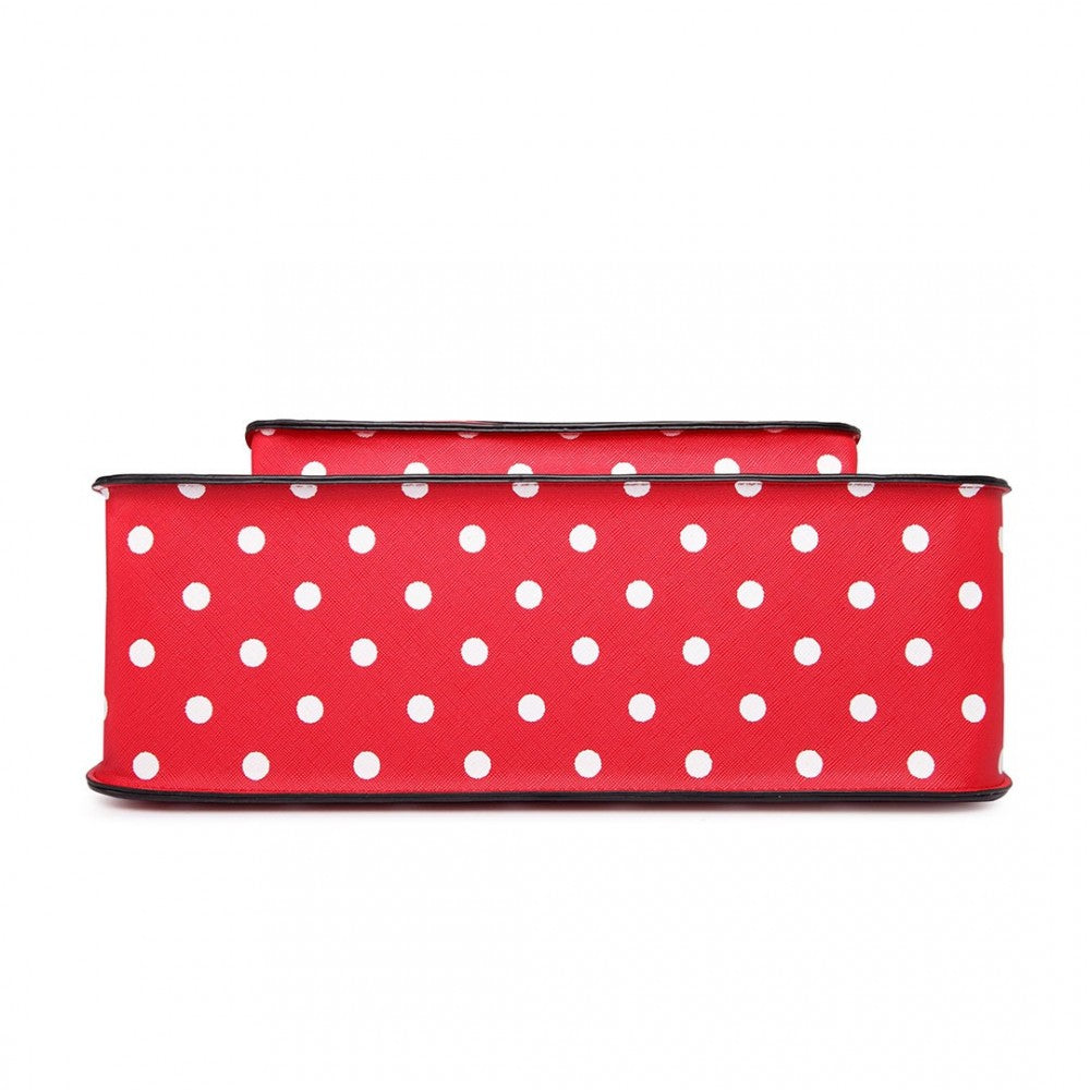 LT1665D2 - MISS LULU POLKA DOT LEATHER LOOK SCHOOL WORK SATCHEL RED - The Baggage Shop