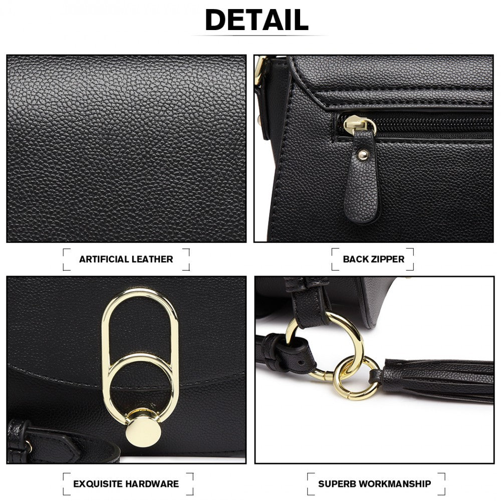 LZ1831 - MISS LULU CROSS BODY SADDLE BAG - BLACK - The Baggage Shop