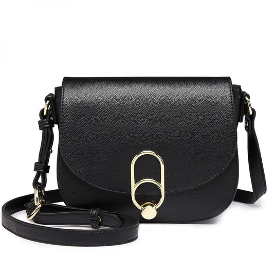 LZ1831 - MISS LULU CROSS BODY SADDLE BAG - BLACK - The Baggage Shop