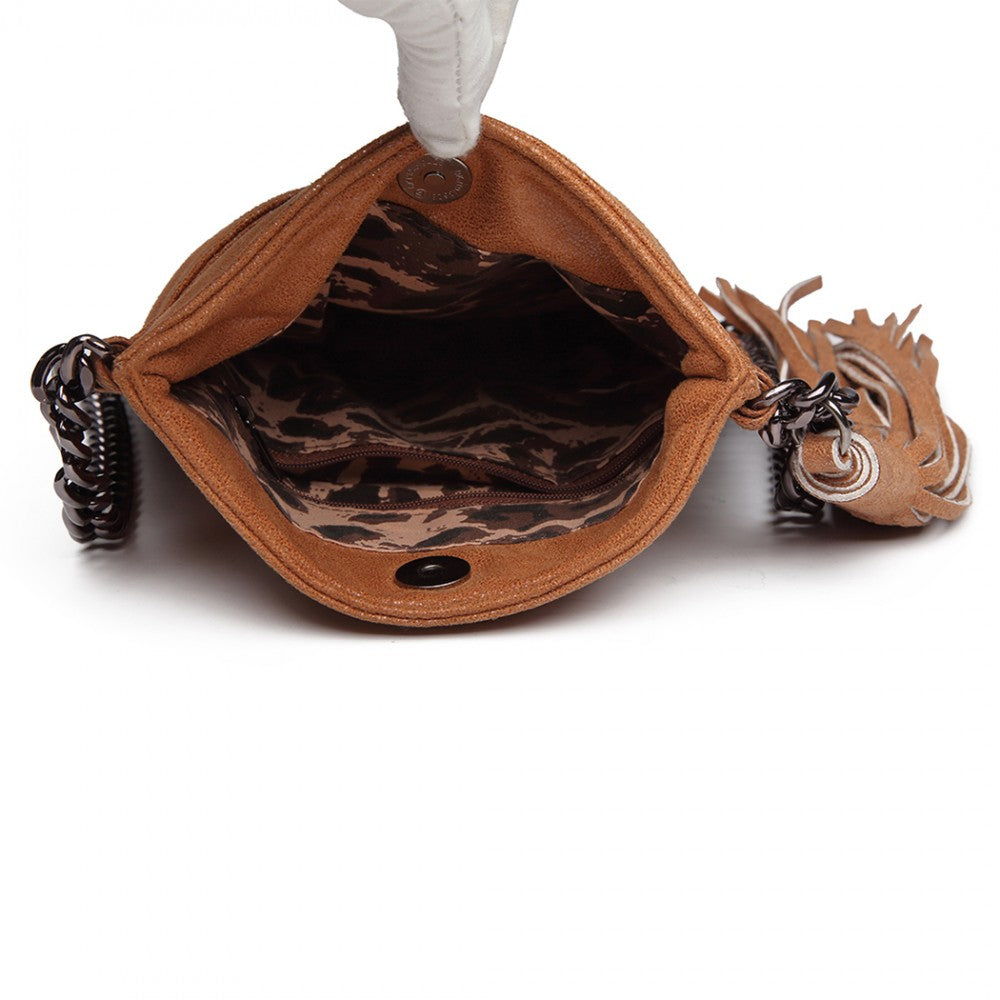 E6845 - MISS LULU LEATHER LOOK CHAIN SHOULDER BAG WITH TASSEL PENDANT - BROWN - The Baggage Shop