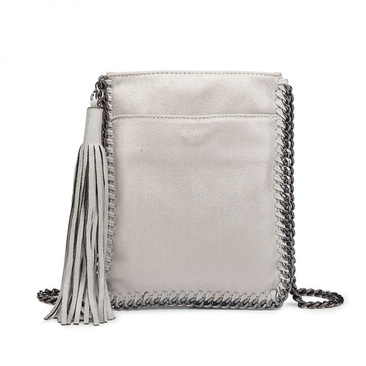 E6845 - MISS LULU LEATHER LOOK CHAIN SHOULDER BAG WITH TASSEL PENDANT - GREY - The Baggage Shop