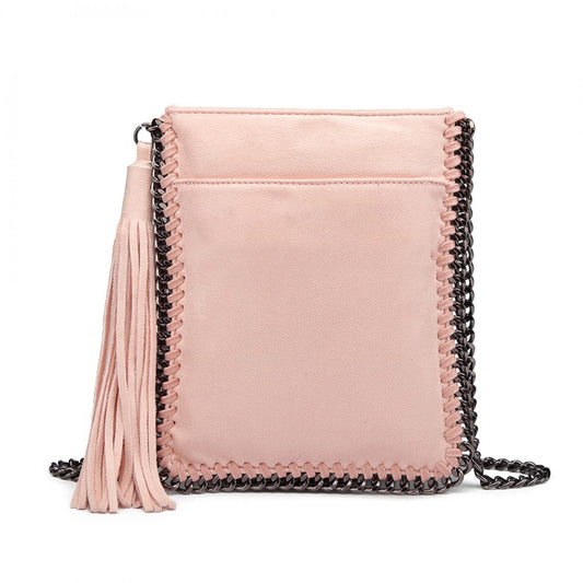 E6845 - MISS LULU LEATHER LOOK CHAIN SHOULDER BAG WITH TASSEL PENDANT - PINK - The Baggage Shop