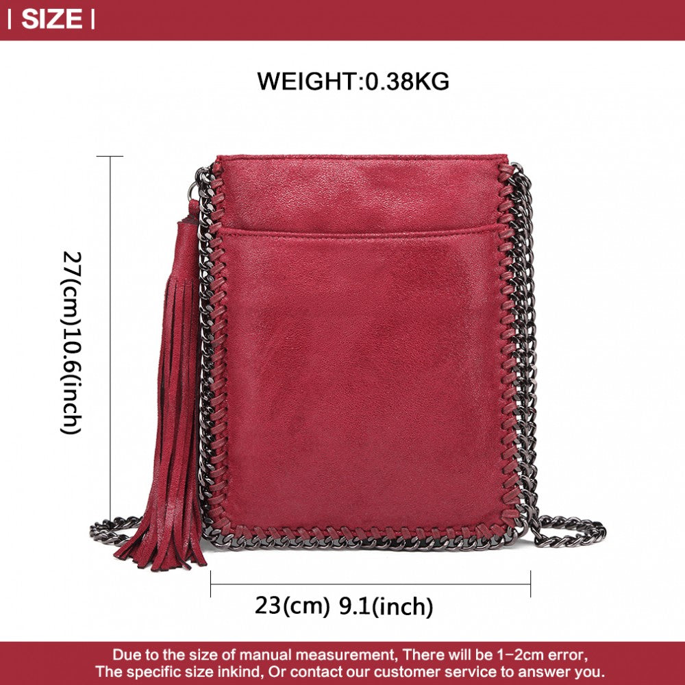 E6845 - MISS LULU LEATHER LOOK CHAIN SHOULDER BAG WITH TASSEL PENDANT - RED - The Baggage Shop