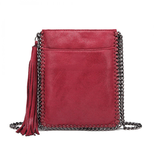 E6845 - MISS LULU LEATHER LOOK CHAIN SHOULDER BAG WITH TASSEL PENDANT - RED - The Baggage Shop