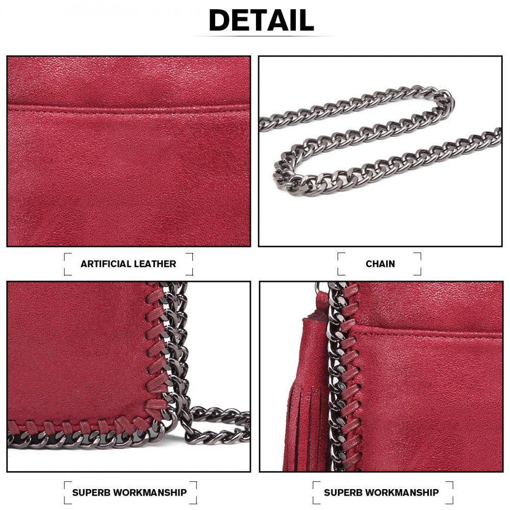 E6845 - MISS LULU LEATHER LOOK CHAIN SHOULDER BAG WITH TASSEL PENDANT - RED - The Baggage Shop