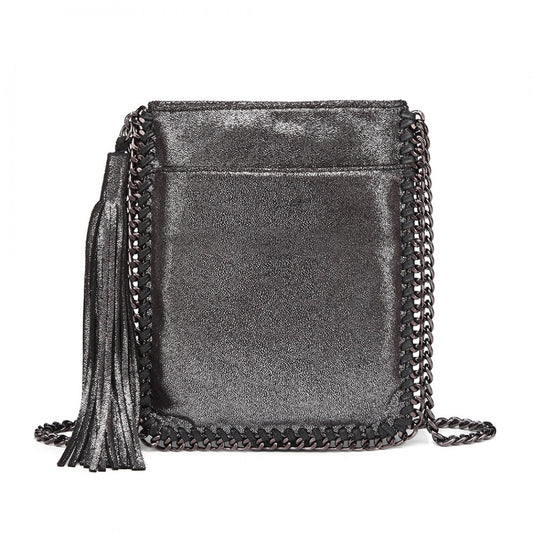E6845 - MISS LULU LEATHER LOOK CHAIN SHOULDER BAG WITH TASSEL PENDANT - SILVER - The Baggage Shop
