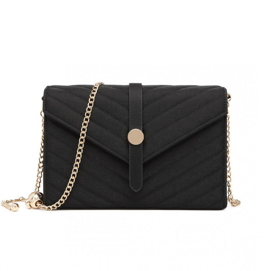LP2205 - MISS LULU V-STITCHED FLAP LEATHER CHAIN BAG - BLACK - The Baggage Shop