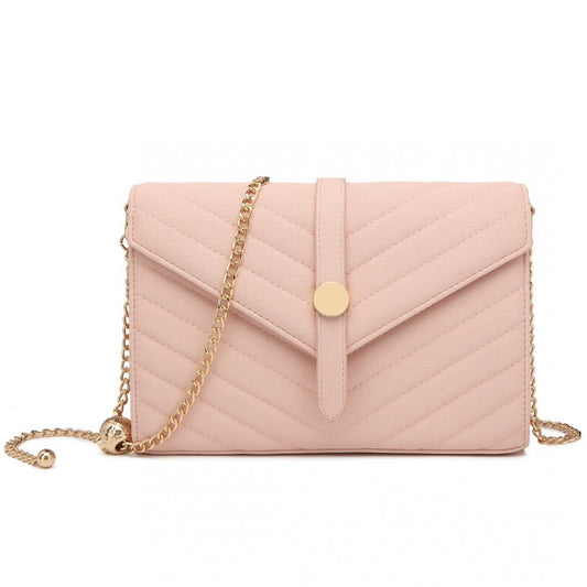 LP2205 - MISS LULU V-STITCHED FLAP LEATHER CHAIN BAG - PINK - The Baggage Shop