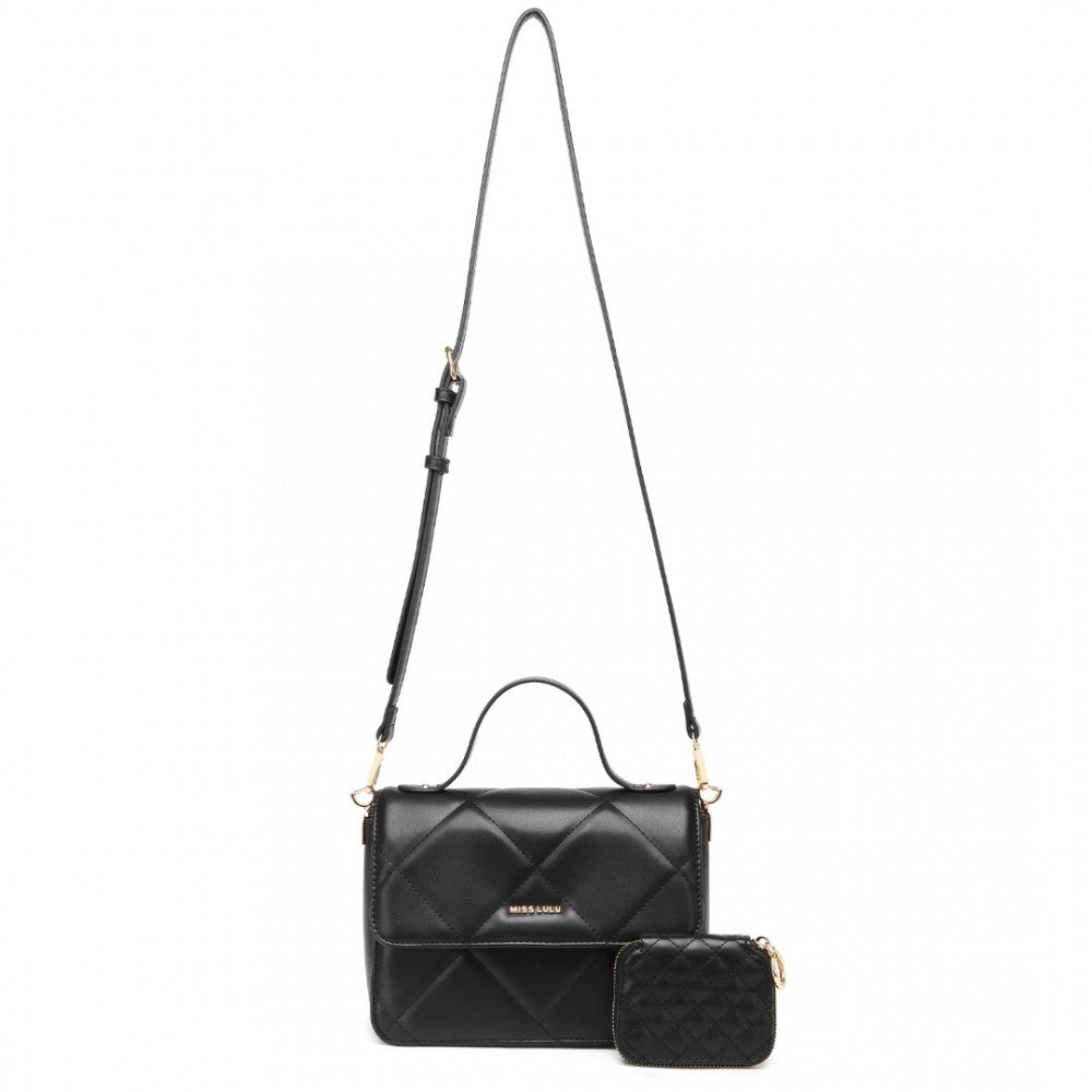 LT2201 - MISS LULU DIAMOND QUILTED LEATHER CHAIN SHOULDER BAG - BLACK - The Baggage Shop