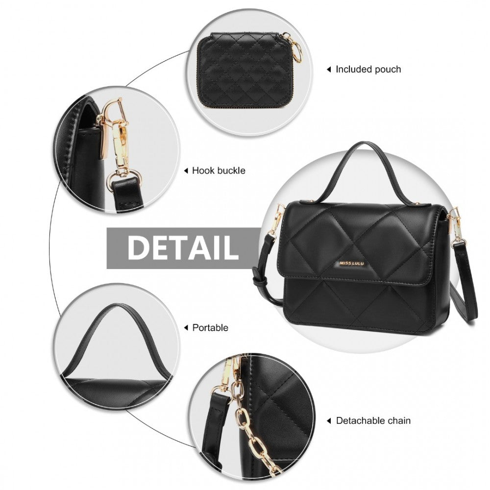 LT2201 - MISS LULU DIAMOND QUILTED LEATHER CHAIN SHOULDER BAG - BLACK - The Baggage Shop