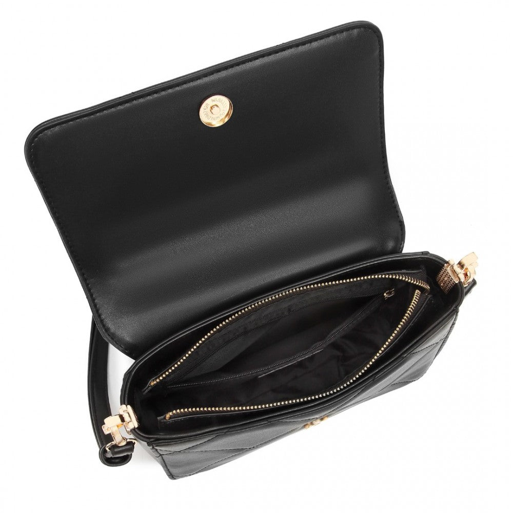 LT2201 - MISS LULU DIAMOND QUILTED LEATHER CHAIN SHOULDER BAG - BLACK - The Baggage Shop