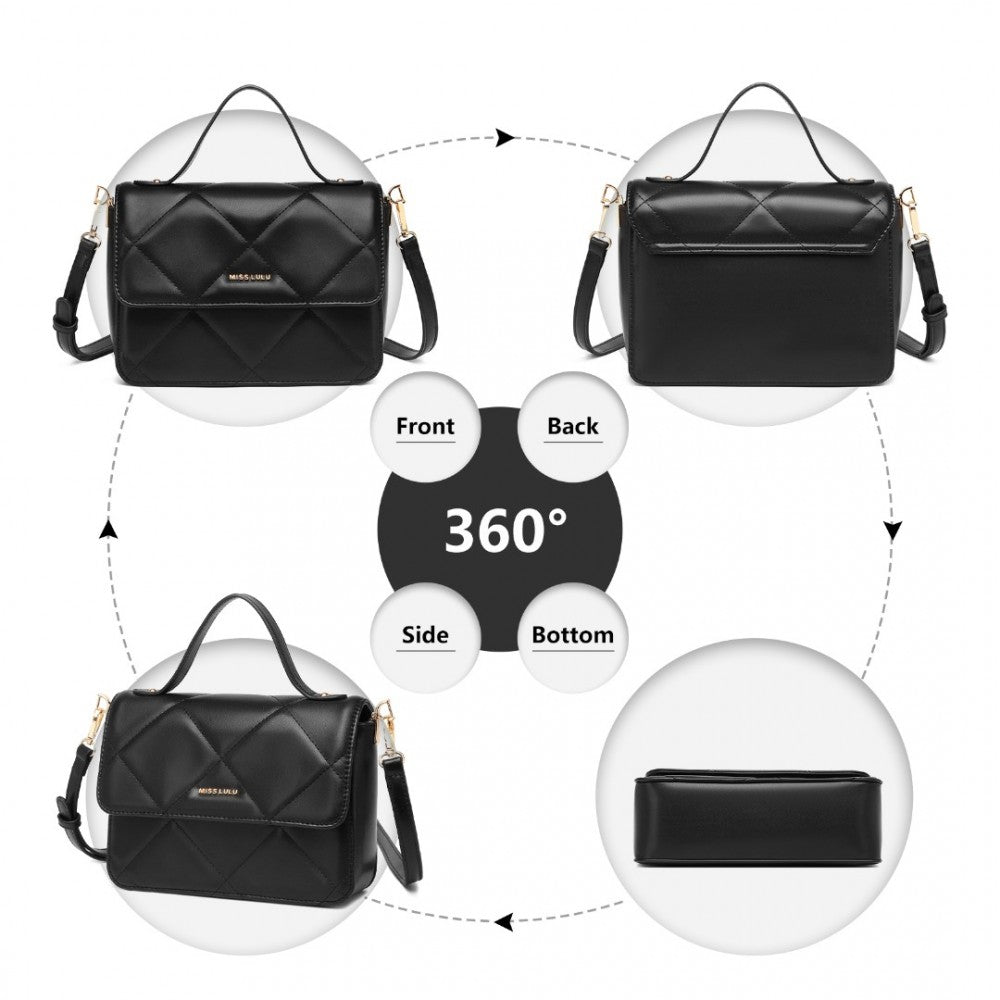 LT2201 - MISS LULU DIAMOND QUILTED LEATHER CHAIN SHOULDER BAG - BLACK - The Baggage Shop