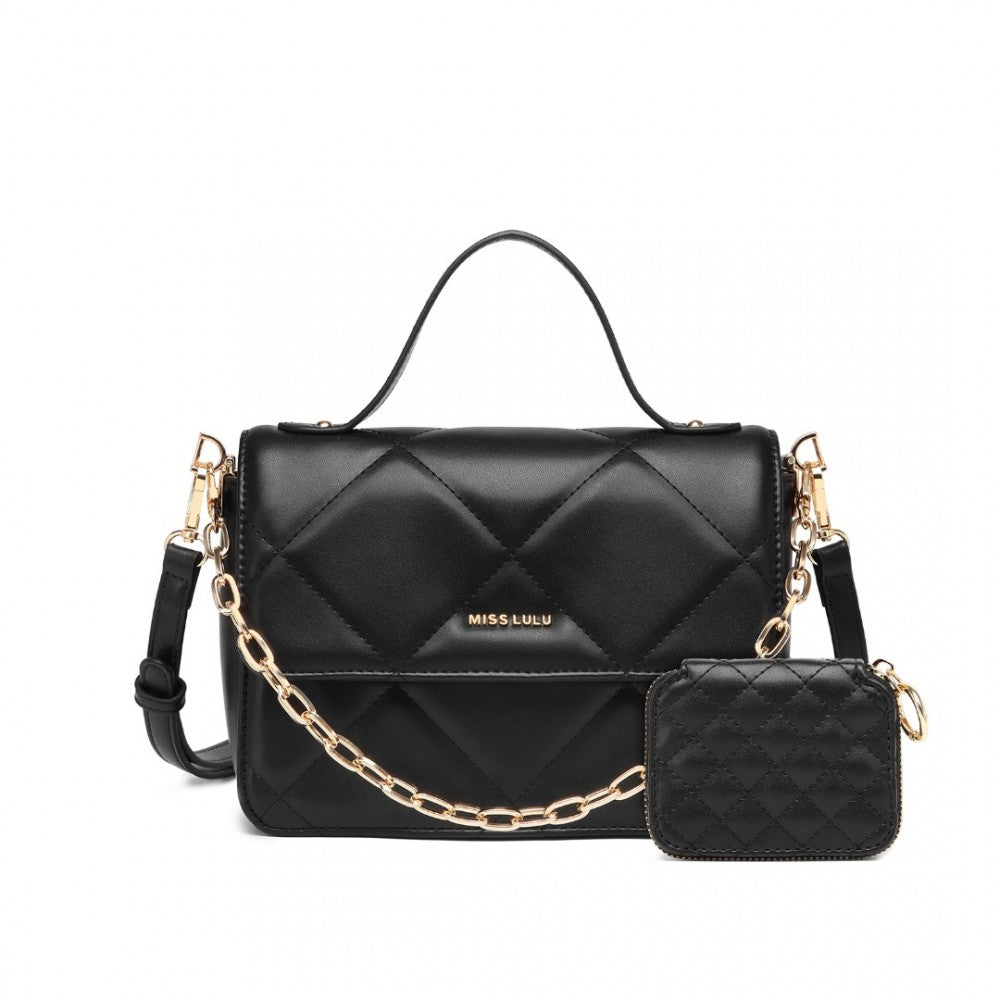 LT2201 - MISS LULU DIAMOND QUILTED LEATHER CHAIN SHOULDER BAG - BLACK - The Baggage Shop
