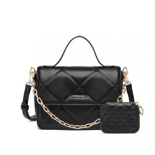 LT2201 - MISS LULU DIAMOND QUILTED LEATHER CHAIN SHOULDER BAG - BLACK - The Baggage Shop