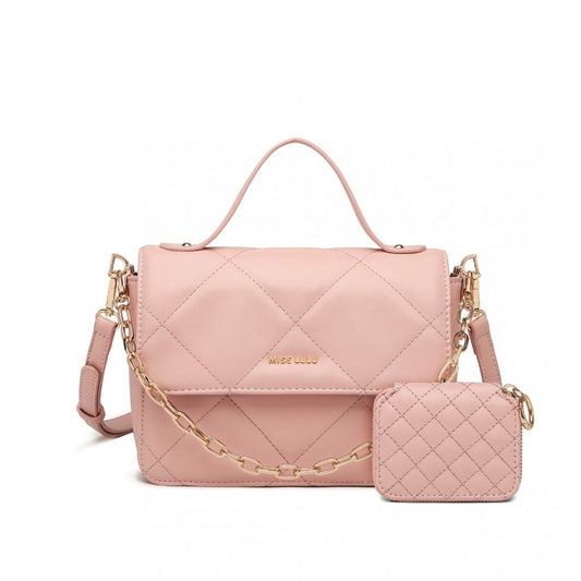 LT2201 - MISS LULU DIAMOND QUILTED LEATHER CHAIN SHOULDER BAG - PINK - The Baggage Shop