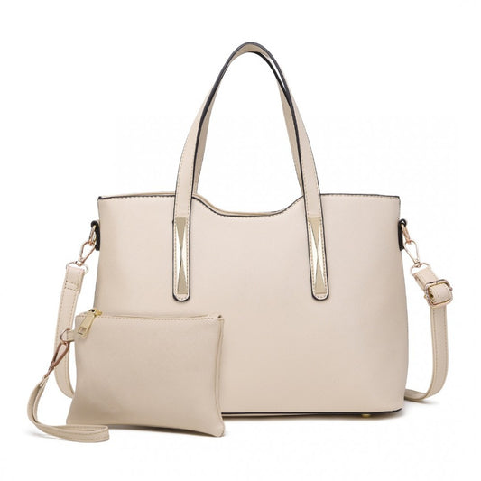 S1719 - MISS LULU PU LEATHER HANDBAG & PURSE - BEIGE - The Baggage Shop