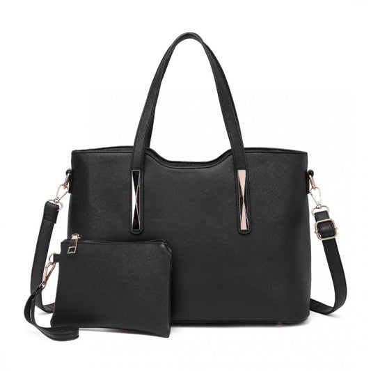S1719 - MISS LULU PU LEATHER HANDBAG & PURSE - BLACK - The Baggage Shop