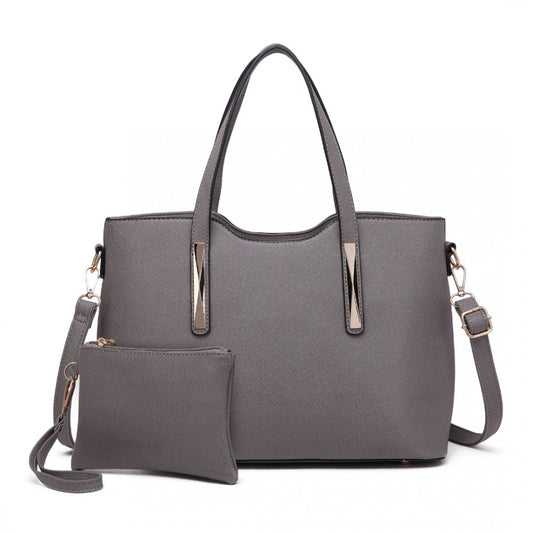 S1719 - MISS LULU PU LEATHER HANDBAG & PURSE - GREY - The Baggage Shop