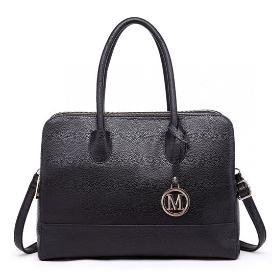LT1726 - MISS LULU TEXTURED PU LEATHER MEDIUM SIZE CLASSIC TOTE BAG SHOULDER BAG - BLACK - The Baggage Shop