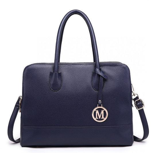 LT1726 - MISS LULU TEXTURED PU LEATHER MEDIUM SIZE CLASSIC TOTE BAG SHOULDER BAG - NAVY - The Baggage Shop