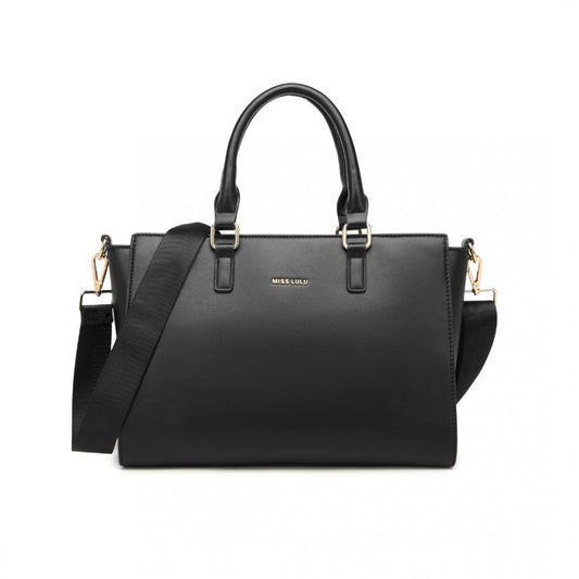 LT2222 - MISS LULU LEATHER LOOK CLASSIC HANDBAG TOTE BAG - BLACK - The Baggage Shop