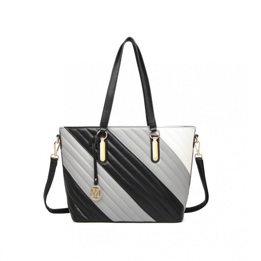 LT2225 - MISS LULU CONTRAST COLOUR TWILL LEATHER HANDBAG TOTE BAG - BLACK AND GREY - The Baggage Shop