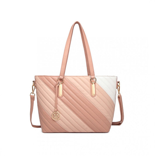 LT2225 - MISS LULU CONTRAST COLOUR TWILL LEATHER HANDBAG TOTE BAG - PINK - The Baggage Shop