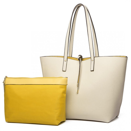 LT6628-1 - MISS LULU WOMEN REVERSIBLE CONTRAST SHOPPER TOTE BAG BEIGE - The Baggage Shop