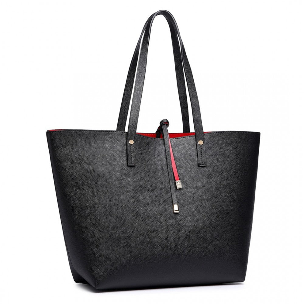 LT6628-1 - MISS LULU WOMEN REVERSIBLE CONTRAST SHOPPER TOTE BAG BLACK - The Baggage Shop