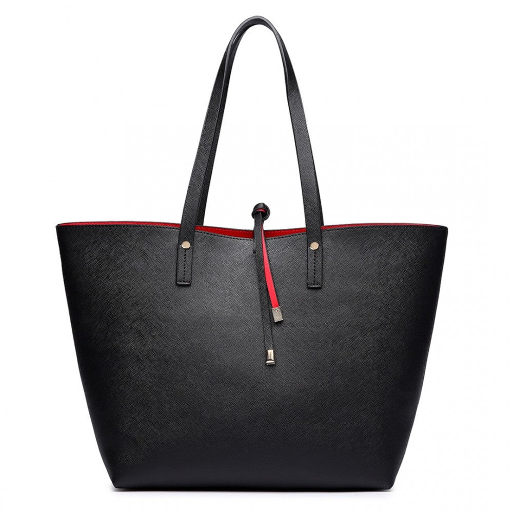 LT6628-1 - MISS LULU WOMEN REVERSIBLE CONTRAST SHOPPER TOTE BAG BLACK - The Baggage Shop