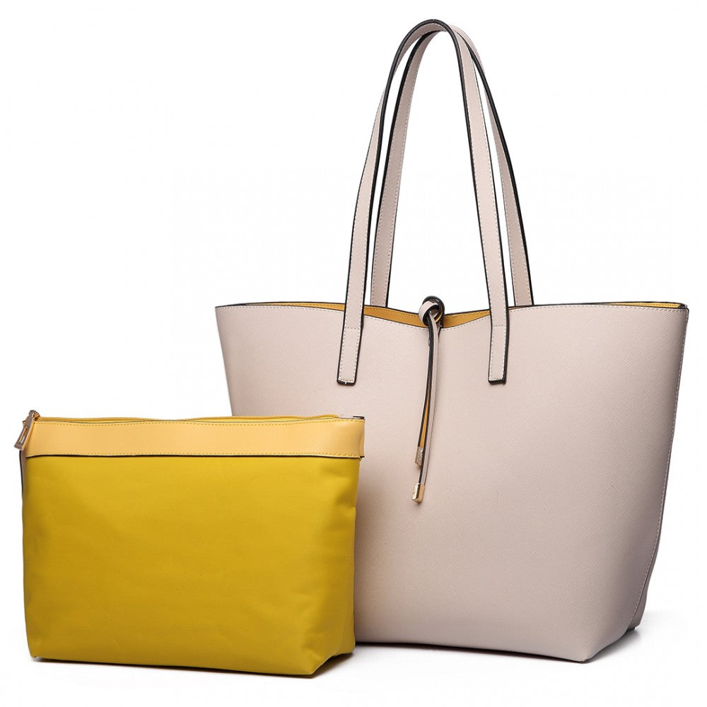 LT6628 - MISS LULU WOMEN REVERSIBLE CONTRAST SHOPPER TOTE BAG BEIGE - The Baggage Shop
