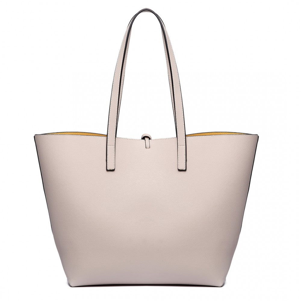 LT6628 - MISS LULU WOMEN REVERSIBLE CONTRAST SHOPPER TOTE BAG BEIGE - The Baggage Shop