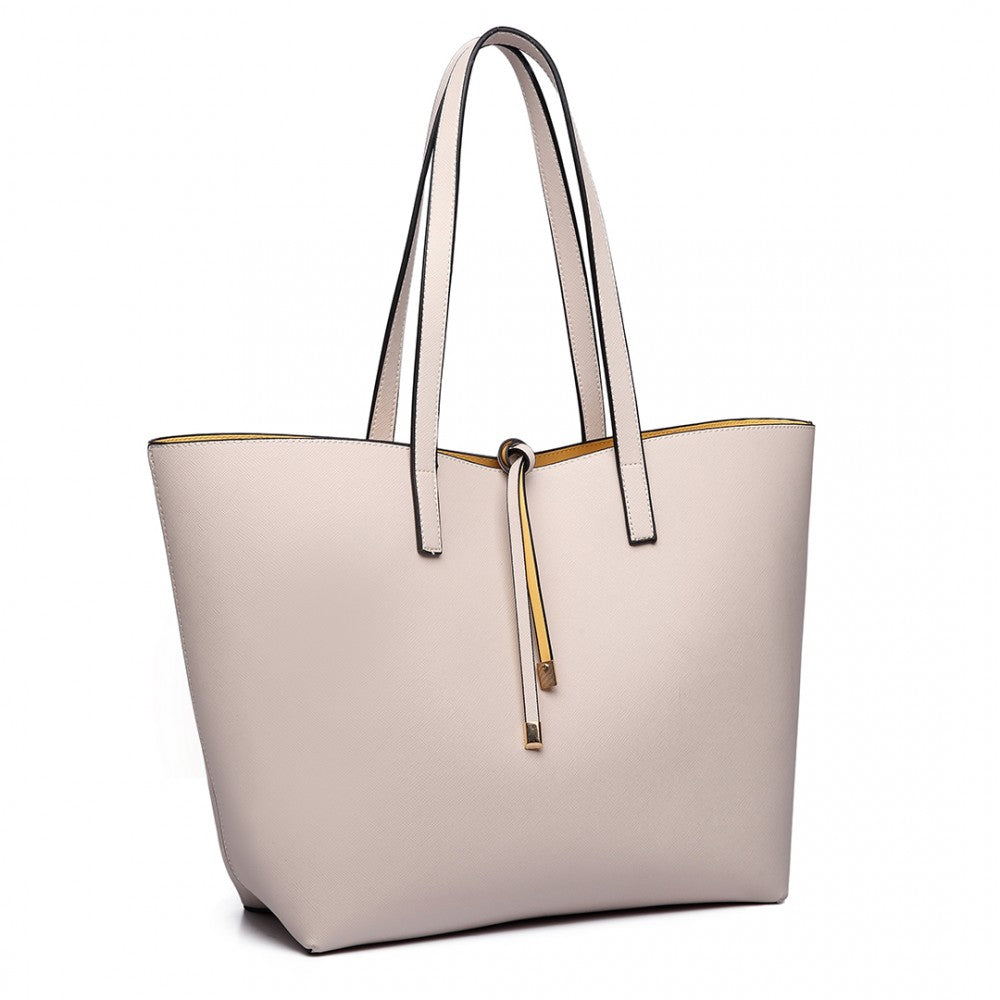 LT6628 - MISS LULU WOMEN REVERSIBLE CONTRAST SHOPPER TOTE BAG BEIGE - The Baggage Shop