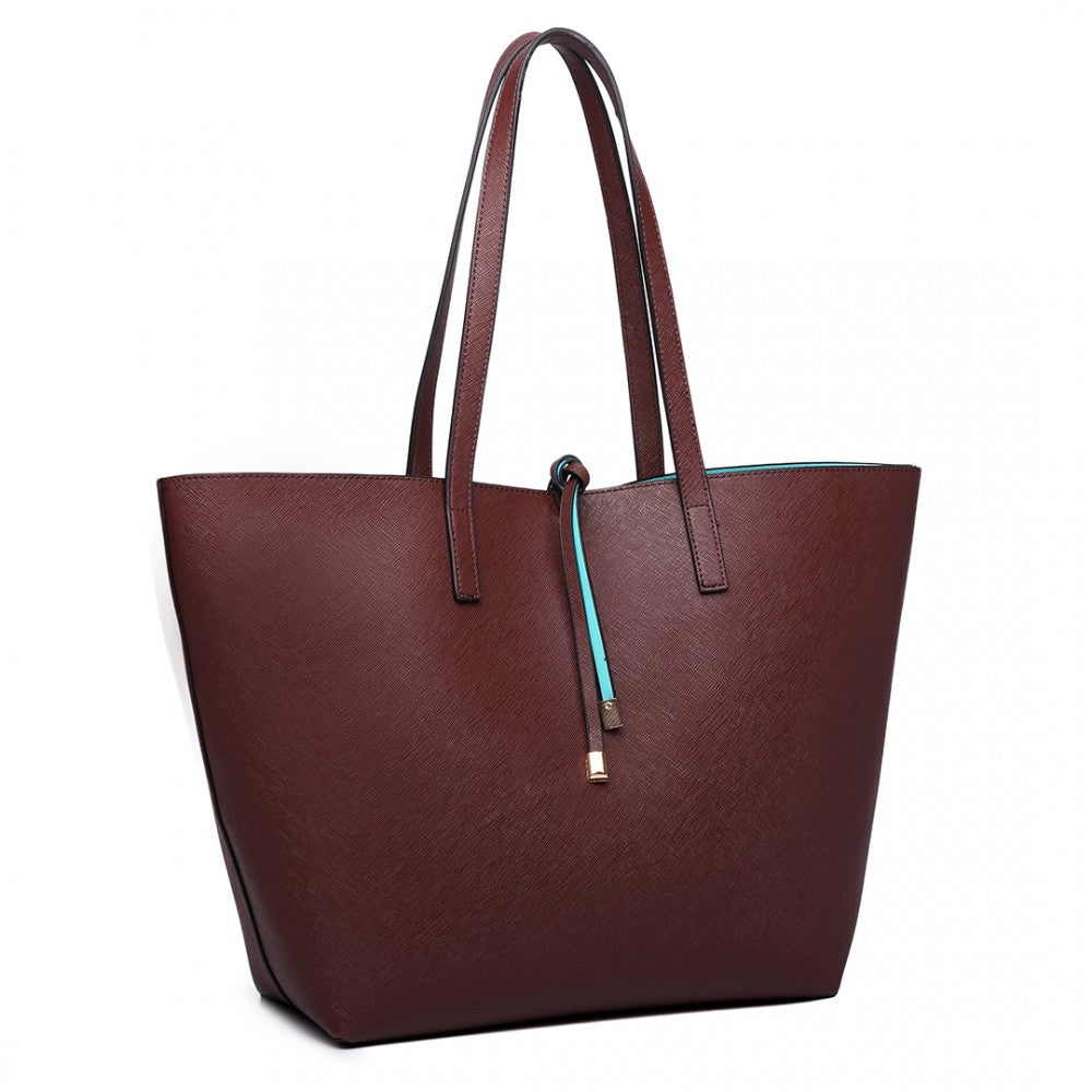 LT6628 - MISS LULU WOMEN REVERSIBLE CONTRAST SHOPPER TOTE BAG COFFEE - The Baggage Shop