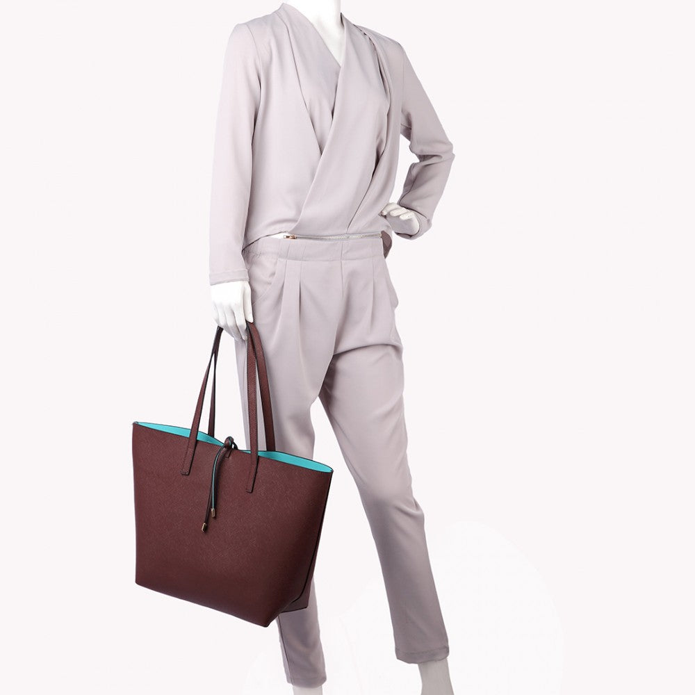LT6628 - MISS LULU WOMEN REVERSIBLE CONTRAST SHOPPER TOTE BAG COFFEE - The Baggage Shop
