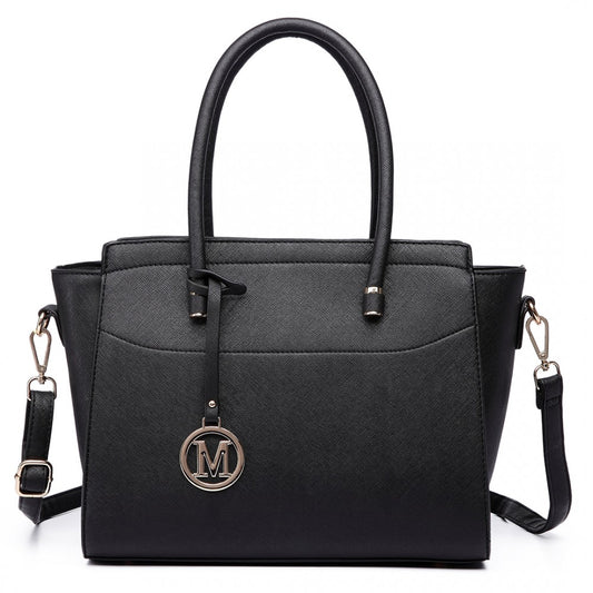 LT6627 - MISS LULU FAUX LEATHER LARGE WINGED TOTE BAG HANDBAG BLACK - The Baggage Shop