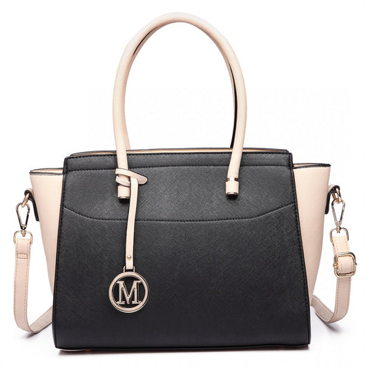 LT6627 - MISS LULU FAUX LEATHER LARGE WINGED TOTE BAG HANDBAG BLACK/BEIGE - The Baggage Shop