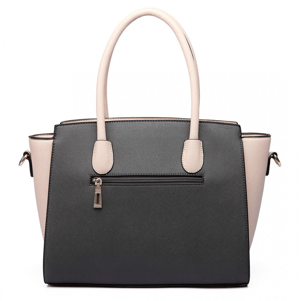 LT6627 - MISS LULU FAUX LEATHER LARGE WINGED TOTE BAG HANDBAG GREY/BEIGE - The Baggage Shop