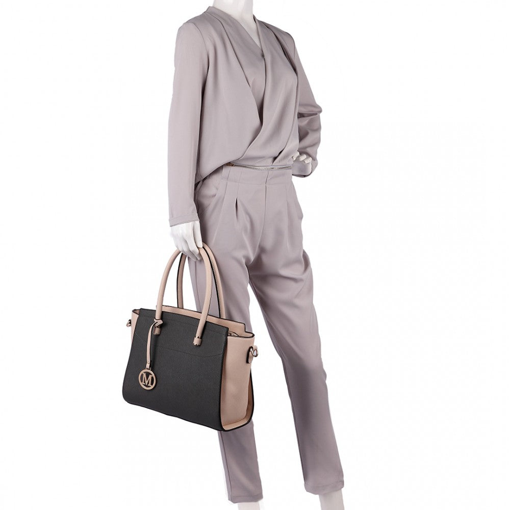 LT6627 - MISS LULU FAUX LEATHER LARGE WINGED TOTE BAG HANDBAG GREY/BEIGE - The Baggage Shop