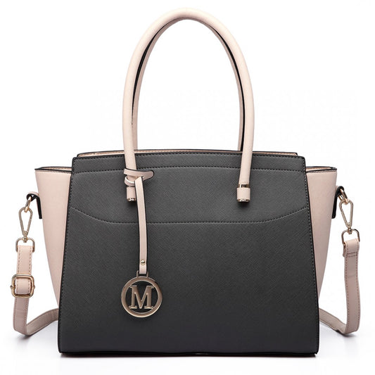 LT6627 - MISS LULU FAUX LEATHER LARGE WINGED TOTE BAG HANDBAG GREY/BEIGE - The Baggage Shop