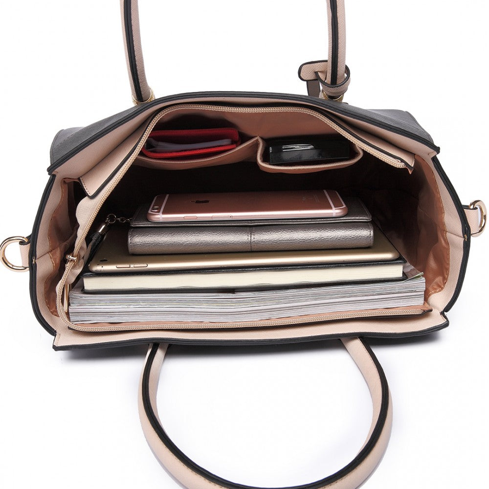 LT6627 - MISS LULU FAUX LEATHER LARGE WINGED TOTE BAG HANDBAG GREY/BEIGE - The Baggage Shop