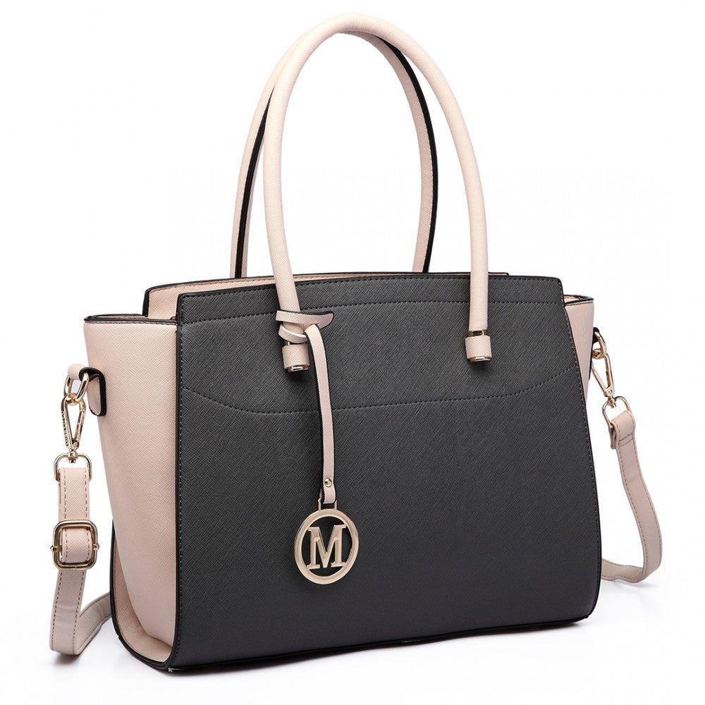 LT6627 - MISS LULU FAUX LEATHER LARGE WINGED TOTE BAG HANDBAG GREY/BEIGE - The Baggage Shop